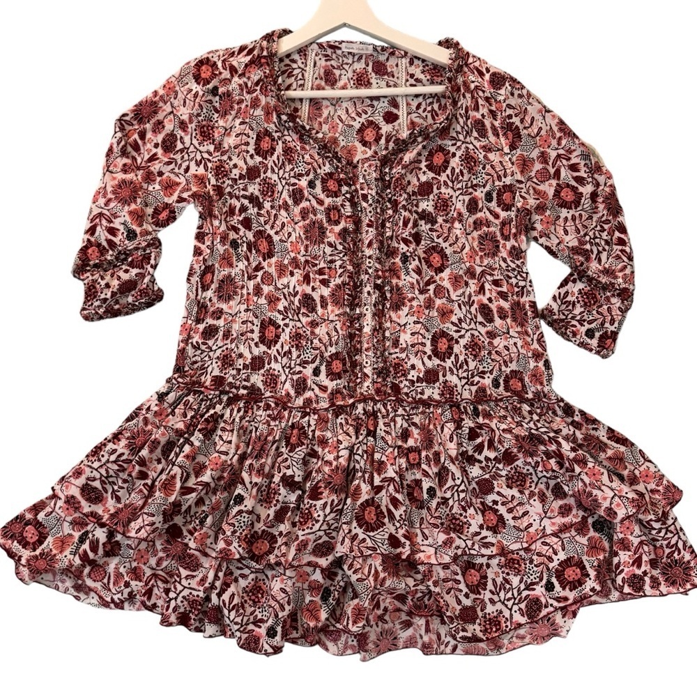 Poupette st Barth red floral long sleeve tiered mini dress XS